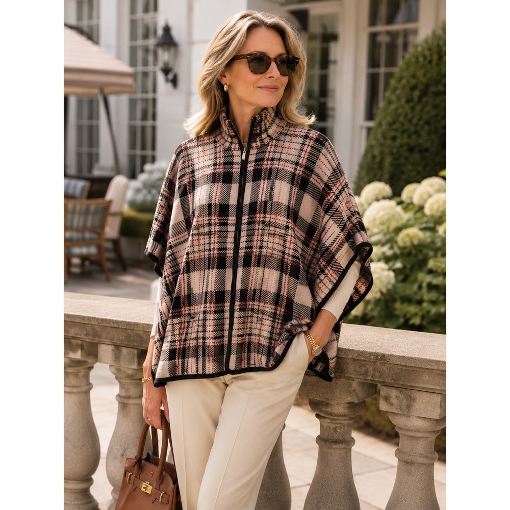 Jones New York Womens Plaid Zip Poncho Sweater XL Old Money Heritage Preppy
